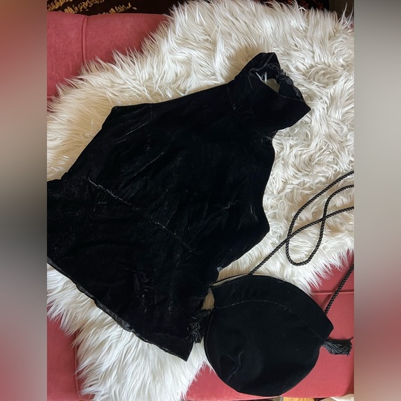 Vintage Black Velvet Bodysuit & Matching Evening Bag 90s Glam Retro Party Outfit - Picture 3 of 13
